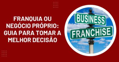 Uma placa de estrada, escrito "business" e "franchise" e, ao lado, a frase "Franquia ou Negócio Próprio: Guia para Tomar a Melhor Decisão".