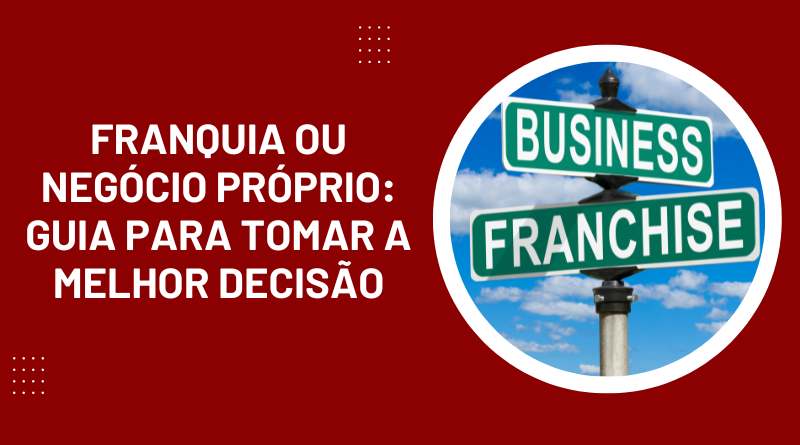 Uma placa de estrada, escrito "business" e "franchise" e, ao lado, a frase "Franquia ou Negócio Próprio: Guia para Tomar a Melhor Decisão".