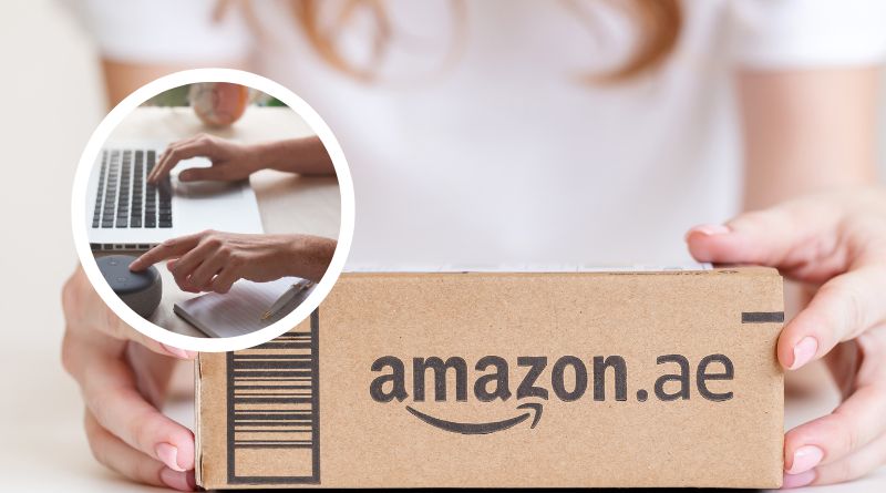 Imagem de uma pessoa segurando um pacote com a marca da Amazon. E dentro de um círculo. a imagem de uma pessoa usando um notebook. Tudo isso para te ajudar a empreender como ganhar dinheiro como afiliado Amazon.