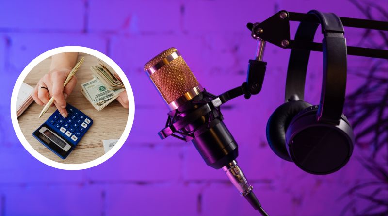 Imagem de um microfone e um fone de ouvido e dentro de um círculo uma pessoa com uma calculadora e contando cédulas de dinheiro. Tudo para lhe ajudar a saber como ganhar dinheiro com podcast.