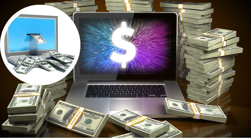 Imagem de um computador com símbolo de cifrão no meio e varias notas de dinheiro em volta simbolizando maneiras de ganhar dinheiro na internet.