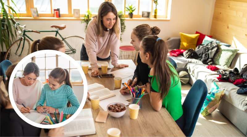 Imagem de uma professora dando aula para crianças em sua casa, dentro da temática do artigo que é como ganhar dinheiro com aulas particulares