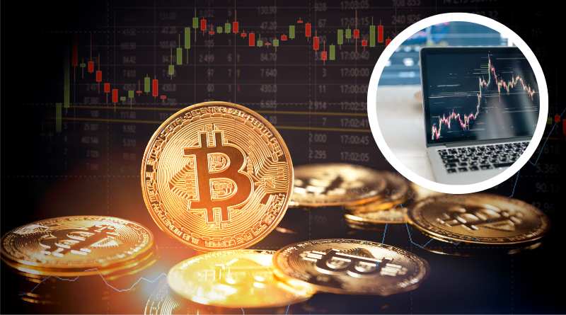 Imagem com moedas sendo uma delas com o B de Bitcoin, dentro da temática do artigo que é como investir em criptomoedas