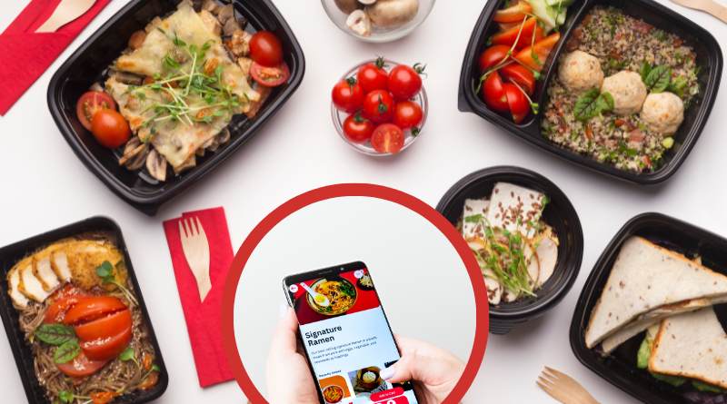 Imagem de uma mesa com marmitex para entrega e um destaque de uma pessoa consultado um aplicativo de comida, dentro do tema do artigo como vender lanches no iFood.