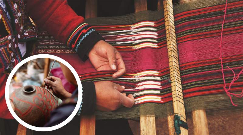 Imagem de uma pessoa fazendo tecelagem e uma imagem destacada de uma pessoa pintando um pote de barro, dentro da temática do artigo "ganhar dinheiro com artesanato"