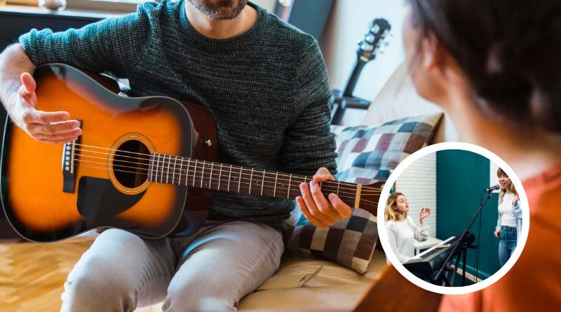 Imagem de um professor com um violão e um estudante em uma aula de música, dentro da temática do artigo: ganhar dinheiro com música