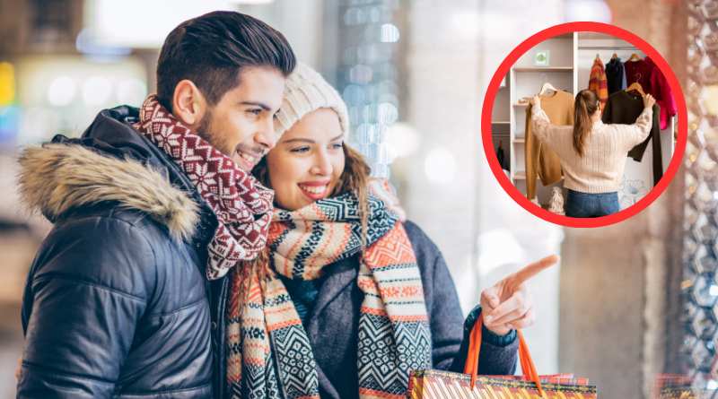 Imagem de um casal vestidos com roupa de frio, tendo em destaque uma vendedora colocando na prateleira casacos de lã, ilustrando o artigo que fala sobre o que vender no inverno.
